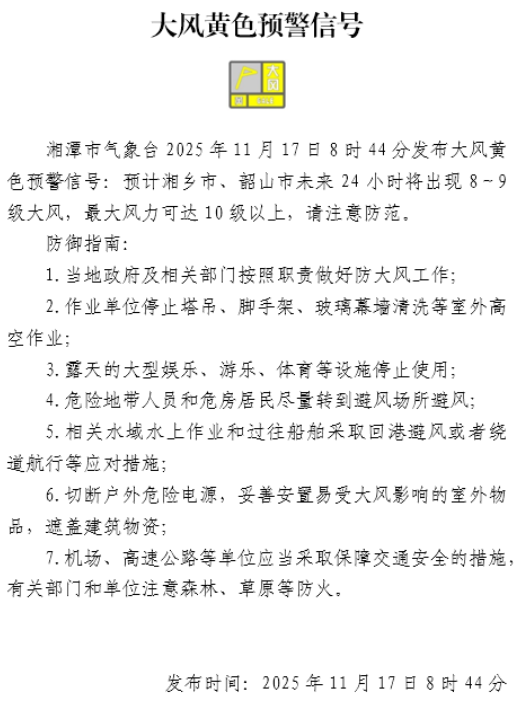 湘潭市气象台2025年11月17日8时44 分发布大风黄色预警信号