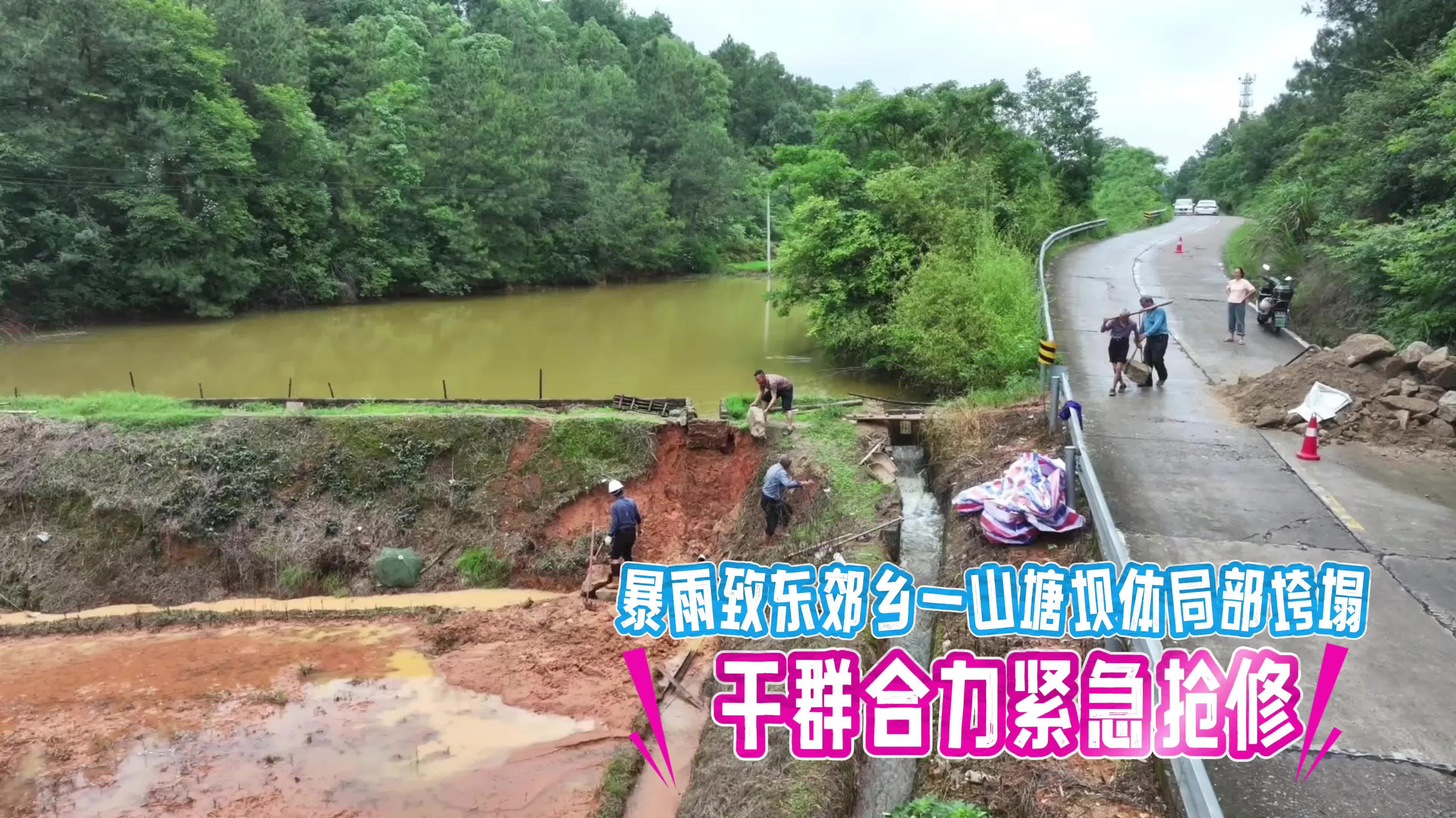 暴雨致东郊乡一山塘坝体局部垮塌 干群合力紧急抢修